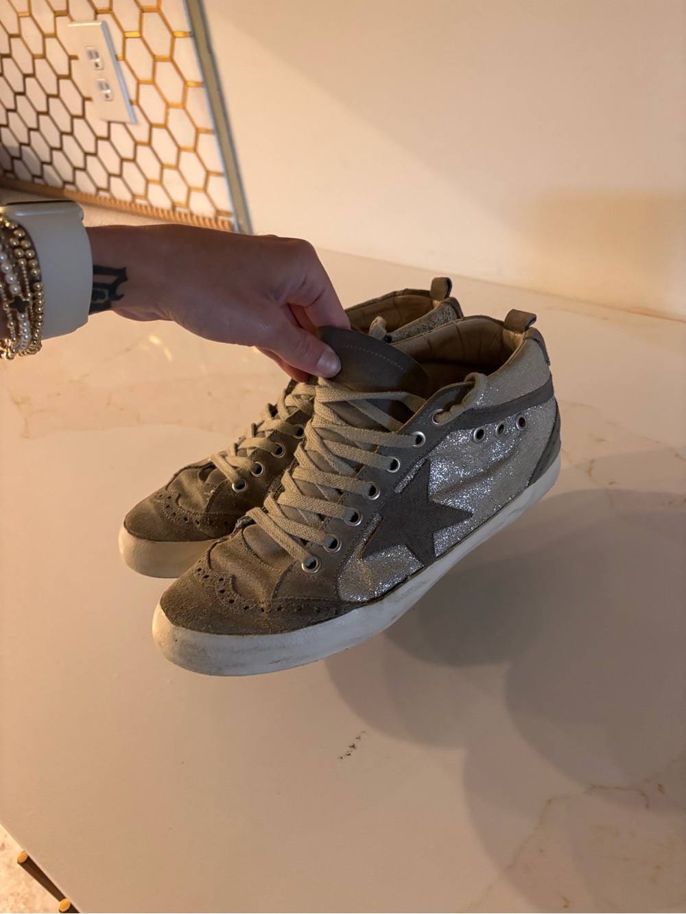 Golden Goose Taupe Suede High-Top Sneakers with Silver Glitter Star